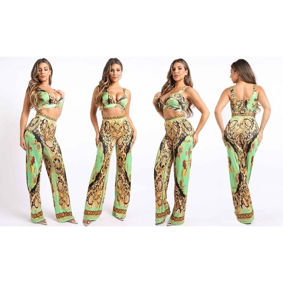 Boutique Tops - Women's Printed Sleeveless Crop Top And Matching Flare Pants Party Outfit Set
